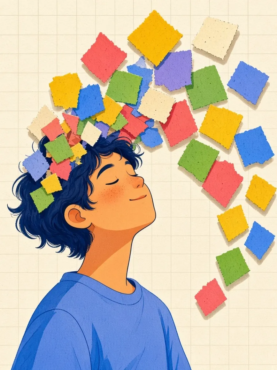 A person with eyes closed, thoughts floating out as colourful notes