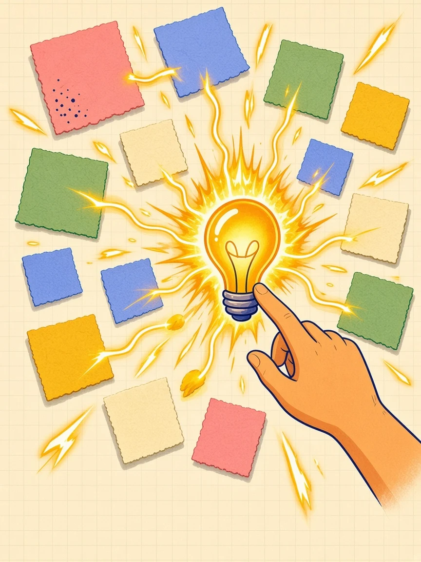 A hand lighting a bulb, with the notes around it joined by light