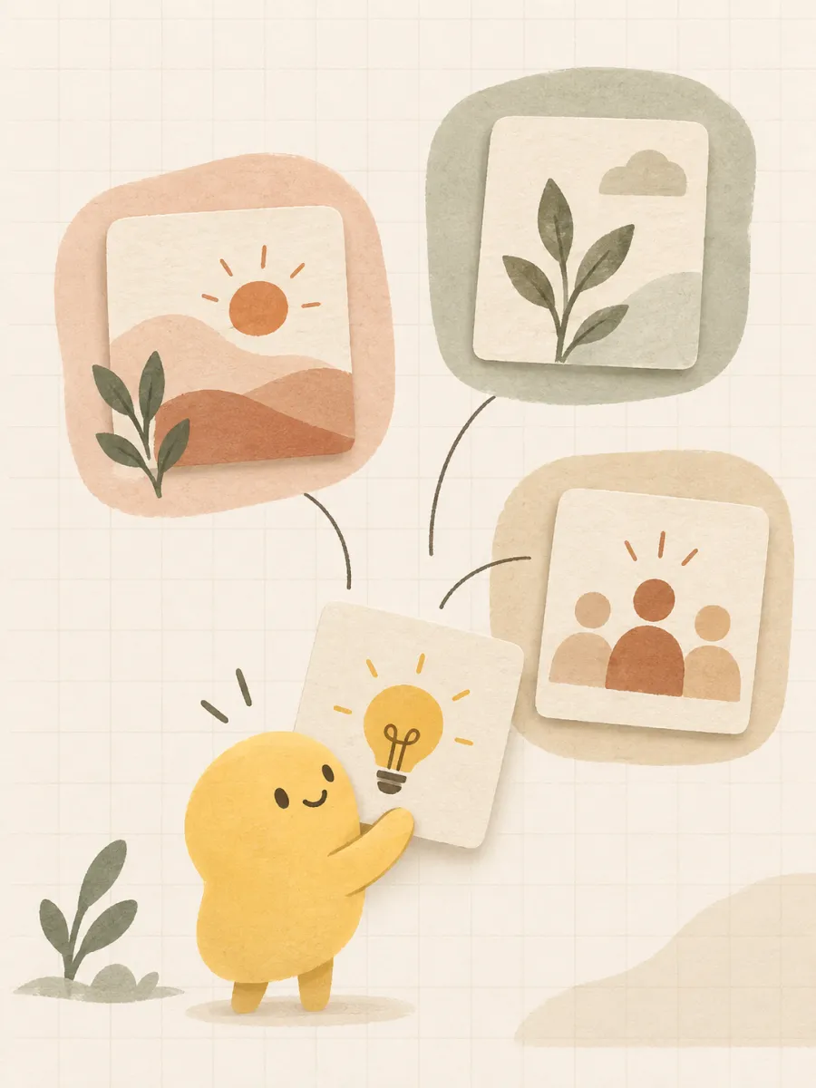 Peloo holding a light-bulb sticker, with picture stickers linked together